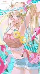  absurdres ahoge arm_up armpits bag bird blonde_hair blue_shorts breasts cleavage cowboy_shot crop_top earrings female fingernails flamingo food-themed_earrings food-themed_hair_ornament glasses green_eyes hair_between_eyes hair_ornament highres jewelry large_breasts long_hair looking_at_viewer navel oerba_yun_fang open_mouth original pineapple_earrings pink_bag short_shorts shorts sidelocks smile solo stomach teardrop-framed_glasses z3zz4 