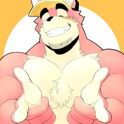  1boy ^_^ bara baseball_cap blush borrowed_character character_request chest_tuft closed_eyes facial_hair furry furry_male hands_up happy hat large_pectorals male_focus muscular muscular_male norijaga nude original pectorals pink_fur pointing pointing_at_viewer short_hair solo stubble thick_eyebrows upper_body whiskers 