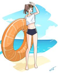  arm_up beach brown_hair cloud cloudy_sky collarbone day eyewear_on_head female full_body high_ponytail highres holding holding_swim_ring innertube marine_day navel orange_innertube original parted_lips shirt sidelocks signature sky smile so_sorashima solo standing sunglasses swim_ring swimsuit swimsuit_under_clothes water white_shirt 