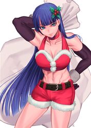  asakou_(n_morninglight) belt blue_eyes breasts cleavage fate/grand_order fate_(series) female hair_ornament hand_on_own_hip highres holly_hair_ornament long_hair martha_(fate) midriff muscular muscular_female purple_hair sack shorts solo 