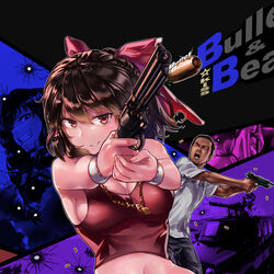  1boy alice_margatroid alternate_costume black_hair black_pants bow breasts brown_hair bullet bullet_hole chain_necklace chains clenched_teeth closed_eyes cookie_(touhou) cowboy_shot female firing gatling_gun gun hair_between_eyes hairbow hakurei_reimu handgun holding holding_gun holding_weapon jewelry large_breasts looking_at_viewer looking_to_the_side manatsu_no_yo_no_inmu megafaiarou_(talonflame_810) minigun necklace open_mouth pants patchouli_knowledge red_bow red_eyes red_shirt remilia_scarlet reu_(cookie) revolver sakura_(cookie) sakuranbou_(cookie) shell_casing shirt short_hair sideboob smile t-shirt taisa_(cookie) tank_top teeth touhou upper_body very_short_hair weapon white_shirt yajuu_senpai 