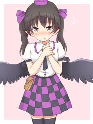  bird_wings black_hair black_ribbon black_skirt black_thighhighs black_wings blush border breasts brown_eyes checkered_clothes checkered_skirt collared_shirt cowboy_shot dadamori feathered_wings female frilled_shirt_collar frills hat himekaidou_hatate long_hair looking_at_viewer medium_breasts pink_background puffy_short_sleeves puffy_sleeves purple_hat purple_skirt ribbon shirt short_sleeves skirt solo thighhighs tokin_hat touhou twintails white_border white_shirt wings zettai_ryouiki 