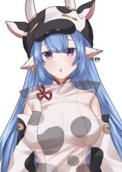  animal_ears animal_print bare_shoulders bikini blue_hair blush border breasts catura_(granblue_fantasy) cleavage cow_ears cow_girl cow_hat cow_horns cow_print detached_sleeves draph ear_piercing female granblue_fantasy hat highres horns large_breasts long_hair looking_at_viewer open_mouth piercing pointy_ears purple_eyes rktsm see-through solo swimsuit white_background white_bikini wide_sleeves 