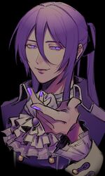  1boy ascot black_background commentary evillious_nendaiki frills hand_up highres kamui_gakupo long_hair male_focus nail_polish ponytail purple_eyes purple_hair sateriasis_venomania smile solo venomania_kou_no_kyouki_(vocaloid) vocaloid wazuri_(nami) 