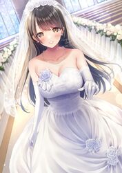  amagi_shino artist_name bare_shoulders blush breasts bridal_veil brown_eyes brown_hair church cleavage commentary_request commission dress earrings elbow_gloves eyelashes female gloves happy highres jewelry large_breasts long_hair looking_at_viewer original ornate_ring ring signature smile solo veil wedding wedding_dress wedding_ring white_dress white_gloves 