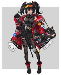  absurdres aer7o ankle_boots assault_rifle bag black_gloves black_hair black_skirt black_thighhighs boots border breasts cyberpunk d-pad d-pad_hair_ornament duffel_bag eyewear_on_head female full_body gloves grey_background gun gun_sling h&amp;k_g41 hair_ornament highres jacket knee_pads legwear_garter long_hair looking_at_viewer mask mask_around_neck medium_breasts miniskirt open_clothes open_jacket orange-tinted_eyewear original outside_border oversized_clothes pleated_skirt red_jacket respirator rifle safety_glasses single_knee_pad skirt solo standing thighhighs tinted_eyewear twintails weapon white_border zettai_ryouiki 