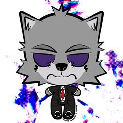  1:1 2023 anthro black_clothing black_footwear black_shoes black_suit canid canine canis chibi clothing digital_media_(artwork) english_text esteban_(oppression) footwear fur grey_body grey_fur halftone_dots lucid_creations_inc male mammal minimalist necktie oppression_(novel) purple_eyes red_necktie signature simple_background simple_face solo suit text vector_art wolf wolfnes 