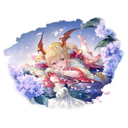  barefoot bat_wings blonde_hair blush feet feet_up female flower gloves granblue_fantasy hair_between_eyes hair_ornament hairclip head_wings japanese_clothes kimono long_hair looking_at_viewer lying minaba_hideo obi oerba_yun_fang official_art on_stomach open_mouth petals pointy_ears red_eyes red_flower red_rose rose sash smile solo toes transparent_background vampire vampy vampy_(yukata)_(granblue_fantasy) white_gloves white_kimono wings yukata 