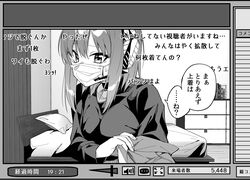  choker danmaku_comments fake_screenshot female greyscale headphones highres jacket livestream looking_at_viewer mask medium_hair monochrome moroda_shiori mouth_mask original shirt sho_bu_1116 solo translation_request undressing 