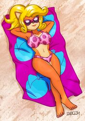  2020 activision anthro bandicoot beach bedding big_breasts bikini black_nose blanket blonde_hair blue_spots breasts clothed clothing coco_bandicoot crash_(series) crossed_legs curled_hair digital_media_(artwork) english_text eyewear female fur hair lipstick long_hair lying makeup mammal marsupial navel nipple_outline on_back orange_body orange_fur outside pink_bikini pink_clothing pink_swimwear polka_dot_bikini polka_dots ponytail purple_spots sand seaside smile solo spots sunbathing sunglasses swimwear text zaboom 