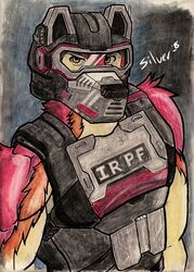  anthro armor bleiz canid canine canis gear hc_svnt_dracones headgear helmet irpf male mammal muscular muscular_anthro muscular_male pastel_(artwork) science_fiction silverferak solo traditional_media_(artwork) wolf 