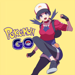  :d baseball_cap black_gloves breasts clenched_hands copyright_name cosplay female female_protagonist_(pokemon_go) female_protagonist_(pokemon_go)_(cosplay) fingerless_gloves gloves hat kris_(pokemon) logo medium_breasts open_mouth pokemon pokemon_adventures pokemon_go shoes smile sneakers solo twintails yellow_background yui_ko 