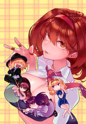  5girls alice_margatroid alternate_costume barefoot black_footwear black_jacket black_pants blazer blouse blue_bodysuit blue_bow blue_dress blue_shirt blunt_bangs blush bodysuit boots bow breasts brown_footwear brown_hair capelet cigarette cleavage clenched_teeth closed_mouth collared_shirt commentary_request cookie_(touhou) dress eyes_visible_through_hair frilled_dress frilled_sleeves frills full_body green_dress green_eyes hair_between_eyes hair_over_eyes hairband hairbow highres hinase_(cookie) holding ichigo_(cookie) jacket jigen_(cookie) large_breasts loafers long_hair looking_at_another looking_at_viewer looking_to_the_side marionette megafaiarou_(talonflame_810) mini_person minigirl multiple_girls necktie no_mouth nose_blush open_mouth pants partial_commentary patchouli_knowledge pink_hairband plaid plaid_background puppet purple_dress purple_eyes purple_hair red_bow red_eyes red_hairband sakuranbou_(cookie) shirt shoes short_hair taisa_(cookie) teeth tongue tongue_out touhou upper_body white_capelet white_necktie white_shirt wing_collar yellow_background 