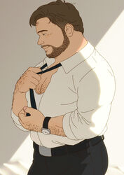  1boy arm_hair bara beard black_pants blush brown_hair chest_hair collared_shirt facial_hair from_side hairy hand_up loose_necktie male_focus mature_male necktie norijaga old old_man original pants partially_unbuttoned pectoral_cleavage pectorals plump salaryman shadow shirt short_hair smile solo sunlight tank_top undressing watch white_tank_top wristwatch 