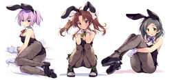  3girls ahoge alternate_costume animal_ears ass bare_shoulders black_footwear black_hair black_legwear black_leotard black_ribbon blue_eyes blue_ribbon blush bow breasts brown_hair cleavage clenched_teeth closed_mouth commentary_request detached_collar fake_animal_ears fake_tail full_body gloves green_eyes green_neckwear green_ribbons hair_ornament hairbow hairclip hands_on_own_cheeks hands_on_own_face kagerou_(kancolle) kagerou_kai_ni_(kancolle) kantai_collection knees_up kuroshio_(kancolle) kuroshio_kai_ni_(kancolle) legs_up leotard long_hair looking_at_viewer mary_janes medium_breasts medium_hair multiple_girls neck_ribbon odawara_hakone own_hands_together pantyhose parted_bangs parted_lips photoshop_(medium) pink_hair playboy_bunny ponytail rabbit_ears rabbit_tail red_ribbon ribbon shiranui_(kancolle) shiranui_kai_ni_(kancolle) shoes short_hair side-tie_leotard sidelocks simple_background sitting squatting sweat tail teeth trefoil twintails white_background white_bow white_gloves 