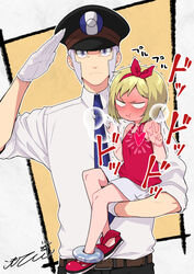  1boy aged_down belt blonde_hair blue_necktie blush carrying child_carry collared_shirt commentary_request female full-face_blush gloves grey_eyes grey_hair hair_ribbon hairband hat heart ingo_(pokemon) irida_(pokemon) komoten_(yuigadokusontei) lolicon lovestruck necktie pants peaked_cap pokemon pokemon_legends:_arceus pout red_footwear red_ribbon red_tank_top ribbon salute shirt short_hair shorts sideburns sitting sleeves_rolled_up standing swept_bangs tank_top v-shaped_eyebrows white_gloves white_shirt white_shorts 