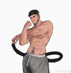  1boy abs absurdres animal_ears bad_id bad_weibo_id bara beard blue_hair blush body_hair cat_boy clenched_hand closed_mouth facial_hair grey_pants hand_up highres kuro_(kuroshima_kurishiro) kuroshima_kurishiro_(muyi24108414) male_focus mature_male muscular muscular_male navel navel_hair nipples original pants pectorals short_hair simple_background solo standing tail topless_male white_background 