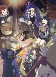  2boys 3girls :d adaman_(pokemon) akari_(pokemon) arezu_(pokemon) arm_wrap berry_(pokemon) blue_coat blurry bowl brown_hair budew closed_eyes coat commentary_request cooking_pot cyndaquil diamond_clan_outfit earrings fire floral_print food happy holding holding_bowl holding_ladle hood hood_up hooded_jacket indesign jacket jewelry ladle leafeon mai_(pokemon) melli_(pokemon) multiple_boys multiple_girls munchlax open_mouth pantyhose pointing pokemon pokemon_(creature) pokemon_legends:_arceus ponytail psyduck shoes short_hair sitting smile tied_hair togepi tongue 