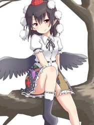  alternate_costume belt bird_wings black_belt black_footwear black_hair black_ribbon black_skirt black_wings breasts buttons collared_shirt dadamori feathered_wings female frilled_skirt frills geta hat hidden_star_in_four_seasons medium_breasts official_alternate_costume pointy_ears pom_pom_(clothes) puffy_short_sleeves puffy_sleeves red_eyes red_hat ribbon shameimaru_aya shirt short_hair short_sleeves simple_background sitting skirt solo tengu tengu-geta tokin_hat touhou tree white_background white_legwear white_shirt wings 