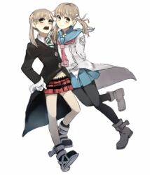  2girls blush brown_hair closed_mouth dual_persona edamamebig gloves green_eyes hug long_hair long_sleeves looking_at_viewer maka_albarn multiple_girls necktie pantyhose plaid plaid_skirt school_uniform simple_background skirt smile soul_eater twintails white_background 