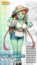  :d ai-assisted apple arms_up artist_request blue_tongue blush braid breasts brown_gloves character_name character_profile charlotte_(isekai:_slow_life) coin colored_skin colored_tongue denim denim_shorts diamond_(shape) fangs female female_goblin fingerless_gloves flower flower_in_pocket food fruit gloves goblin green_skin hands_up hat highres isekai:_slow_life long_hair looking_at_viewer medium_breasts monster_girl official_art one_eye_closed open_mouth plant pocket puffy_sleeves red_eyes red_hair rope salute sharp_teeth shirt shorts smile sparkle straw_hat teeth twin_braids twintails upper_teeth_only very_long_hair white_flower white_shirt yellow_headwear 