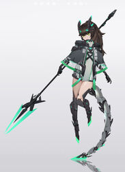  absurdres android black_capelet brown_hair capelet chinese_commentary closed_mouth commentary dress female floating full_body green_dress green_eyes grey_background headpiece highres icy02 long_hair mecha_musume mechanical_arms mechanical_boots mechanical_tail original photoshop_(medium) polearm ponytail reflection science_fiction short_dress simple_background single_mechanical_arm solo spear tail thighs turtleneck weapon 