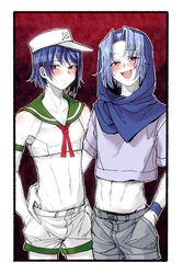  2boys anchor_print black_eyes blue_hair blue_hood blush border closed_mouth colored_skin commentary_request cookie_(touhou) cowboy_shot crop_top expressionless fingernails flour_(cookie) gedougawa genderswap_(ftm) gradient_background green_sailor_collar grey_shirt grey_shorts half-closed_eyes hand_in_pocket hand_on_another&#039;s_hip hat highres hood hood_up kumoi_ichirin looking_at_viewer male_focus medium_bangs midriff milk_(cookie) multiple_boys murasa_minamitsu navel neckerchief open_mouth outline parted_bangs print_headwear red_background red_neckerchief rule_63 sailor_collar sailor_hat shirt short_hair shorts sleeveless sleeveless_shirt smile touhou white_border white_headwear white_outline white_shirt white_shorts white_skin 