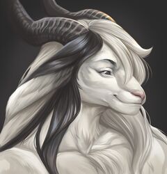  2020 anthro black_hair black_sclera bovid bust_portrait caprine conditional_dnp dante_(wolfbane154) digital_media_(artwork) digital_painting_(artwork) eyebrows fur goat grey_background hair hi_res horn male mammal multicolored_hair pink_nose portrait shaded simple_background solo two_tone_hair white_body white_eyes white_fur white_hair wolfbane154 