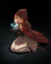  aurelia_(elden_ring) barley_juice black_gloves blonde_hair blue_eyes blush boots brooch brown_footwear cape commentary dark_background dress elden_ring english_commentary female gloves hands_up highres hood hood_up hooded_cape jellyfish jewelry kneeling red_cape roderika_(elden_ring) short_hair smile solo white_dress 