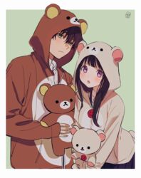  1boy animal_hood artist_logo bear_hood black_hair blush brown_hair brown_jacket chitanda_eru commentary female green_background highres hood hooded_jacket hugging_object hyouka jacket korilakkuma long_hair mery_(yangmalgage) oreki_houtarou pink_jacket purple_eyes rilakkuma san-x school_uniform serafuku short_hair signature simple_background stuffed_animal stuffed_toy teddy_bear 