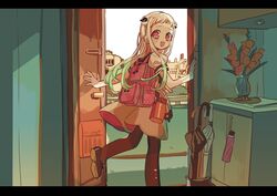  bag black_legwear commentary_request doorway female highres house indoors jeongu_(light_bulb_1969) jibaku_shounen_hanako-kun korean_commentary living_room lolicon long_hair looking_back mailbox_(incoming_mail) school_bag smile umbrella yashiro_nene 