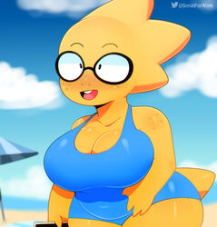  absurd_res alphys anthro beach belly big_breasts blurred_background blush breasts buckteeth cleavage clothed clothing eyewear female freckles glasses glistening glistening_body glistening_clothing hi_res huge_breasts navel non-mammal_breasts one-piece_swimsuit open_mouth open_smile outside overweight overweight_anthro overweight_female portrait reptile scales scalie seaside short_stack smile solo somescrub standing swimwear tail teeth thick_tail thick_thighs three-quarter_portrait three-quarter_view undertale undertale_(series) wide_hips yellow_body yellow_scales 