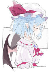  absurdres ascot bat_wings black_wings blue_hair brooch closed_eyes closed_mouth collared_dress dress earrings expressionless eyelashes female frilled_hat frilled_shirt_collar frilled_sleeves frills from_side hat hat_ribbon highres jewelry light_blush mob_cap niseneko_(mofumofu_ga_ienai) pensive pointy_ears profile puffy_short_sleeves puffy_sleeves rectangle red_ascot red_ribbon remilia_scarlet ribbon short_hair short_sleeves sidelocks solo touhou twitter_username upper_body white_background white_dress white_hat wings 