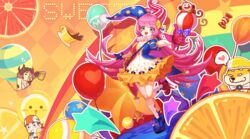  3boys artist_request bad_source balloon billy_(gyee) breasts candy chang_(gyee) cleavage clown female festival food fruit gloves gyee happy heart legs lolicon medium_breasts monkey multiple_boys official_art orange_(fruit) party pink_hair sig_(gyee) smile star_(symbol) tea yaen_(gyee) 