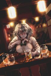  alcohol beer beer_mug blush breasts cleavage commentary_request commission crying crying_with_eyes_open cup drunk dutch_angle eating female food glasses grey_hair highres izakaya kebab lantern large_breasts medium_hair mug night original pale_skin panties pantyshot rain round_eyewear shirt sitting skewer solo_focus taut_clothes taut_shirt tears tyrone underwear wet wet_clothes wet_shirt 