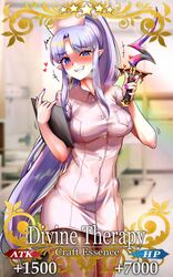  alternate_costume bad_id bad_pixiv_id blue_eyes blurry blurry_background blush breasts card_(medium) clipboard commentary_request craft_essence_(fate) dress fate/grand_order fate_(series) female foxyreine grin hat heart highres holding holding_clipboard holding_knife hospital knife long_hair looking_at_viewer medea_(lily)_(fate) medium_breasts nail_polish nurse nurse_cap oerba_yun_fang pantyhose parody photoshop_(medium) pink_dress pointy_ears ponytail purple_hair purple_nails rulebreaker short_dress smile solo very_long_hair 