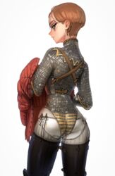  absurdres androgynous armor ass bad_id bad_pixiv_id black_footwear blue_eyes boots breastplate brown_hair buckle chainmail closed_mouth couter cuisses emmelot_(wassnonnam) female from_behind gambeson highres looking_at_viewer looking_back narrow_waist original panties profile short_hair solo underwear vambraces wass_nonnam white_background 