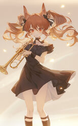  absurdres ambience_synesthesia angelina_(arknights) animal_ears arknights black_bow black_dress black_ribbon black_socks blush bow brown_hair closed_mouth commentary dress feet_out_of_frame female fox_ears gradient_background grey_background hairbow highres holding holding_instrument instrument kneehighs light_particles long_hair looking_at_viewer neck_ribbon off-shoulder_shirt off_shoulder official_alternate_costume red_eyes ribbon shirt short_sleeves sidelocks smile socks solo standing trumpet tuzhate twintails wristband 