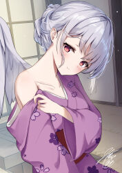  alternate_costume alternate_hairstyle blush collarbone commentary_request feathered_wings female floral_print floral_print_kimono grey_hair grey_wings hairstyle_request highres indoors japanese_clothes kimono kishin_sagume long_sleeves looking_at_viewer niko_kusa obi pink_kimono print_kimono red_eyes red_sash sash signature single_off_shoulder single_wing smile solo touhou wide_sleeves wings 
