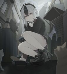  absurdres alley animal black_choker black_hair black_hoodie black_horns black_shoes blue_archive can canned_food choker demon_horns earclip feline female from_below grey_halo grey_sky hair_between_eyes halo highres hood hoodie horns kayoko_(blue_archive) looking_at_viewer miniskirt mole mole_on_neck multicolored_hair outdoors overcast parted_lips ponytail red_eyes red_skirt shoes shyorc single_wing skirt sky solo squatting trash_can two-tone_hair urban white_hair wings 