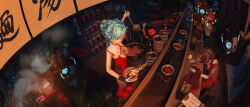  3d 3girls absurdres alielie_www aqua_hair bowl braid breasts brown_hair china_dress chinese_clothes chopsticks commentary_request dress fisheye flower food hair_bun highres holding holding_bowl holding_chopsticks holding_ladle indoors jar ladle large_breasts long_hair multiple_girls night noodles on_stool original plant potted_plant ramen red_dress red_hair restaurant robot shelf short_hair shrug_(clothing) single_hair_bun sitting sleeveless_shrug slice_of_life spider_lily standing stool translation_request white_shrug 