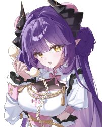  aiguillette arm_at_side black_horns breasts commentary_request corded_phone dragon_girl female fingernails frilled_shrug hand_up highres holding holding_phone horns korean_commentary large_breasts long_hair long_sleeves looking_at_viewer open_mouth phone pointy_ears purple_hair sakihane_huya see-through_cleavage see-through_clothes shirt shrug_(clothing) simple_background small_sweatdrop solo stellive tassel upper_body virtual_youtuber white_background white_shirt white_shrug yellow_eyes yongeung2 