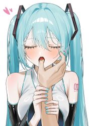  1other aqua_hair aqua_nails aqua_trim arm_tattoo bare_shoulders black_sleeves blush breasts closed_eyes collared_shirt commentary detached_sleeves eyelashes facing_viewer female finger_in_another&#039;s_mouth hair_between_eyes hair_ornament hakai_orz hatsune_miku heart highres holding_another&#039;s_arm large_breasts licking licking_finger long_hair nail_polish number_tattoo open_mouth pov pov_hands saliva shirt sidelocks signature simple_background sleeveless sleeveless_shirt solo_focus tattoo teeth tongue twintails upper_body very_long_hair vocaloid white_background white_shirt wide_sleeves 
