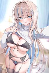  artist_name black_bra black_garter_belt black_garter_straps black_panties black_thighhighs blonde_hair blue_eyes blue_hair blurry blurry_background blush bow bow_bra bow_garter_belt bow_panties bra breasts cleavage clothes_lift colored_inner_hair commentary_request cowboy_shot curvy depth_of_field female front-tie_bra garter_belt garter_straps hair_ornament heart heart_hair_ornament large_breasts lifting_own_clothes long_hair long_sleeves looking_at_viewer multicolored_hair navel open_mouth original panties pon_(ponidrop) signature skindentation smile solo standing stomach straight_hair streaked_hair string_panties sweater sweater_lift thighhighs tsurime turtleneck turtleneck_sweater underwear v-shaped_eyebrows very_long_hair white_sweater x_hair_ornament 