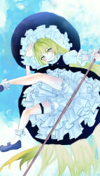  absurdres arm_up belt black_hat black_shoes black_skirt black_vest blonde_hair bloomers blush broom female frilled_bloomers frilled_cuffs frilled_sleeves frills grin hair_between_eyes hat highres holding holding_broom k4ja0002 kirisame_marisa long_hair long_sleeves looking_at_viewer parted_lips puffy_sleeves shirt shoes sidelocks skirt smile socks solo thigh_belt thigh_strap touhou very_long_hair vest white_bloomers white_shirt white_socks witch_hat wrist_cuffs yellow_eyes 