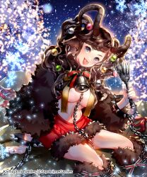  arm_support bell blue_eyes boots bracelet braid breasts brown_hair chains coat ekm eyelashes female fur_boots fur_coat jewelry kamigami_battles krampus_(kamigami_battles) large_breasts looking_at_viewer navel neck_bell official_art snowflakes solo spiked_bracelet spikes tongue tongue_out 