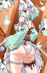  absurdres animal_ear_fluff animal_ears ass blue_eyes blush bow cat_ears cat_girl cat_tail detached_sleeves dress exodamartworks extra_ears female frills gradient_hair green_dress green_hair hair_ornament highres indie_virtual_youtuber maid_headdress mint_fantome multicolored_hair open_mouth panties pointy_ears short_hair tail thighhighs underwear virtual_youtuber white_hair will-o&#039;-the-wisp_(mythology) wisps_(mint_fantome) 