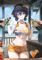  :q absurdres bare_shoulders belle_(summer_skies)_(zenless_zone_zero) belle_(zenless_zone_zero) bikini bikini_under_clothes black_hat black_nails blue_hair blue_sky blurry blurry_background blush bottle breasts bucket_hat collarbone commentary crop_top cup day drinking_glass earrings female front-tie_top green_eyes hair_between_eyes hair_ornament hat highres holding holding_bottle jewelry large_breasts letter_hair_ornament lillly looking_at_viewer midriff nail_polish navel necklace off-shoulder_shirt off_shoulder official_alternate_costume orange_bikini orange_shorts see-through_cleavage see-through_clothes see-through_shirt shirt short_hair shorts sky solo stomach swimsuit thighs tongue tongue_out white_shirt zenless_zone_zero 