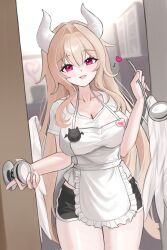  :3 angel_wings apron black_shorts blonde_hair breasts cleavage collarbone commentary_request cowboy_shot demon_horns dolphin_shorts feathered_wings female frilled_apron frills haven_production highres holding holding_ladle horns korean_commentary ladle large_breasts long_hair looking_at_viewer midriff_peek miel_sweetheart o-asit open_mouth opening_door red_eyes second-party_source shirt short_shorts short_sleeves shorts smile solo thighs very_long_hair virtual_youtuber white_apron white_shirt wings 