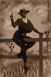  absurd_res accipitrid accipitriform anthro avian bathory_black_(therealnarrowjungle) belt belt_buckle big_breasts bird black_body black_fur black_hair black_lips boots bottomwear bovid breasts brown_clothing brown_jacket brown_topwear buckle buckteeth button_(fastener) caprine cheek_tuft clearvision clothed clothing cloud collared_shirt cowboy_boots cowboy_outfit detailed_background dress_shirt duster_coat eagle eyebrows eyelashes eyeliner facial_hair facial_tuft female fence fencepost fingers footwear fur goat goatee grass gun hair handgun hi_res hill holding_object holding_ranged_weapon holding_weapon holster hoof_shoes hooved_fingers hooves horn huge_breasts huge_filesize jacket knife knife_sheath lips looking_at_viewer makeup mammal monochrome ocular_prosthetic pants pinup pistol plant pose prosthetic raised_arm ranged_weapon red_eyes revolver sepia shirt shoes short_hair signature sitting_on_fence sitting_on_object sky smile smiling_at_viewer solo sunset teeth teeth_showing topwear tree tuft vest weapon white_clothing white_shirt white_topwear 